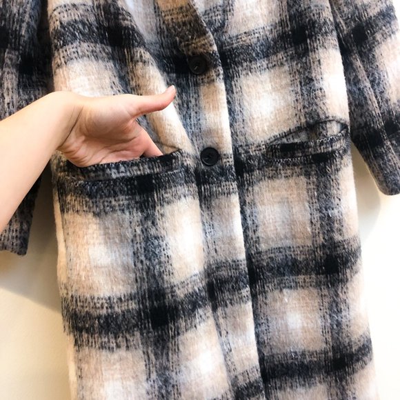 Old Navy Classic Wool Blend Black Cream Plaid V Neck Trench Coat Women's Medium - Picture 3 of 10